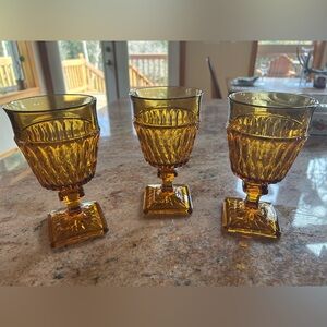 Set of 3 Amber Topaz Indiana Glass Goblets with footed base. Holds 12 oz.